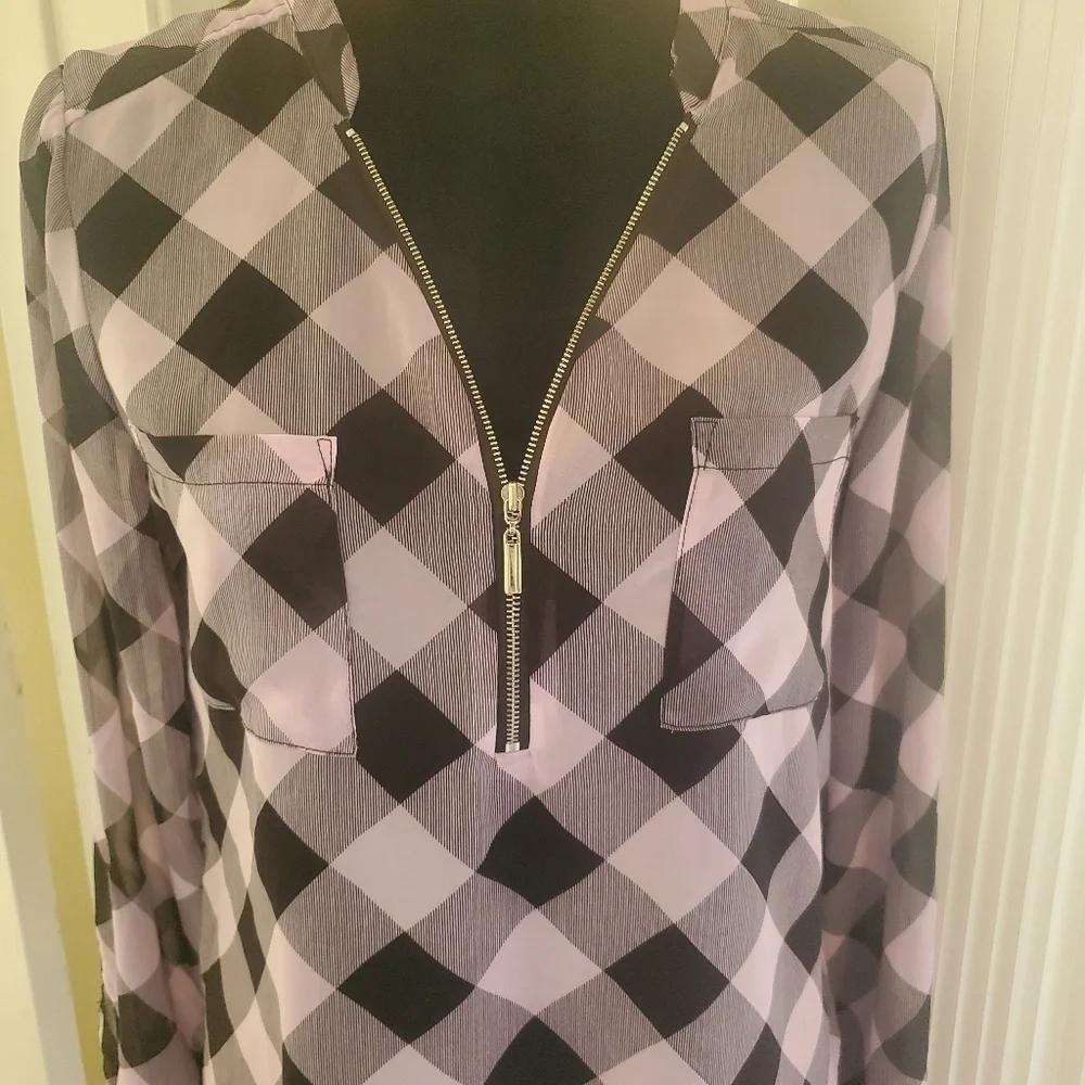 Purple sheer Plaid Top with front zipper size S